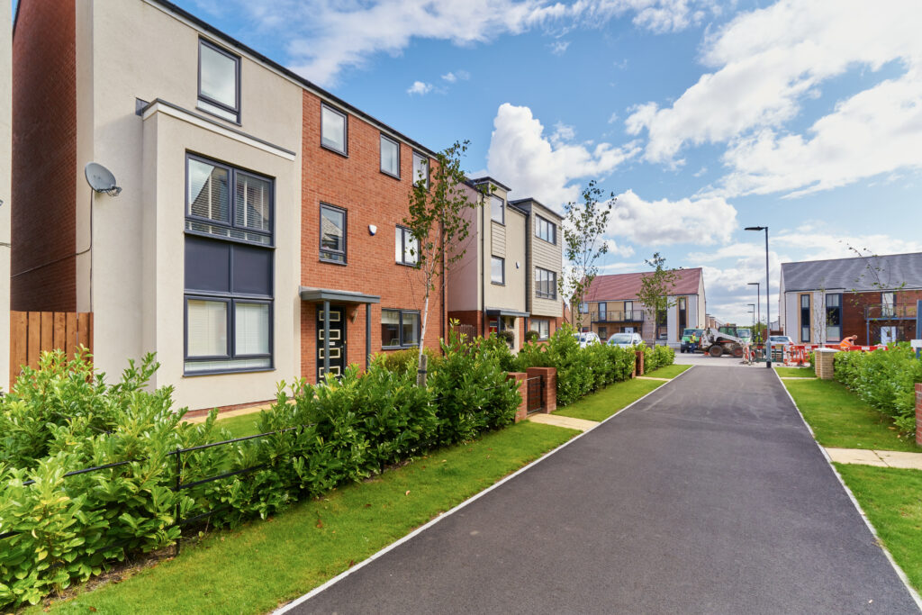 New-build family homes for rent on a landscaped residential street